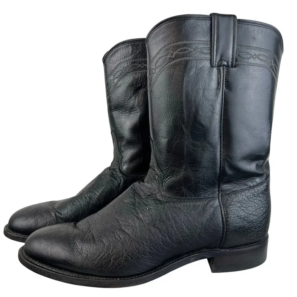 Justin 3172 Men's Exotic Roper Boot Black Smooth Ostrich Foot Roper Toe (Sz 11)